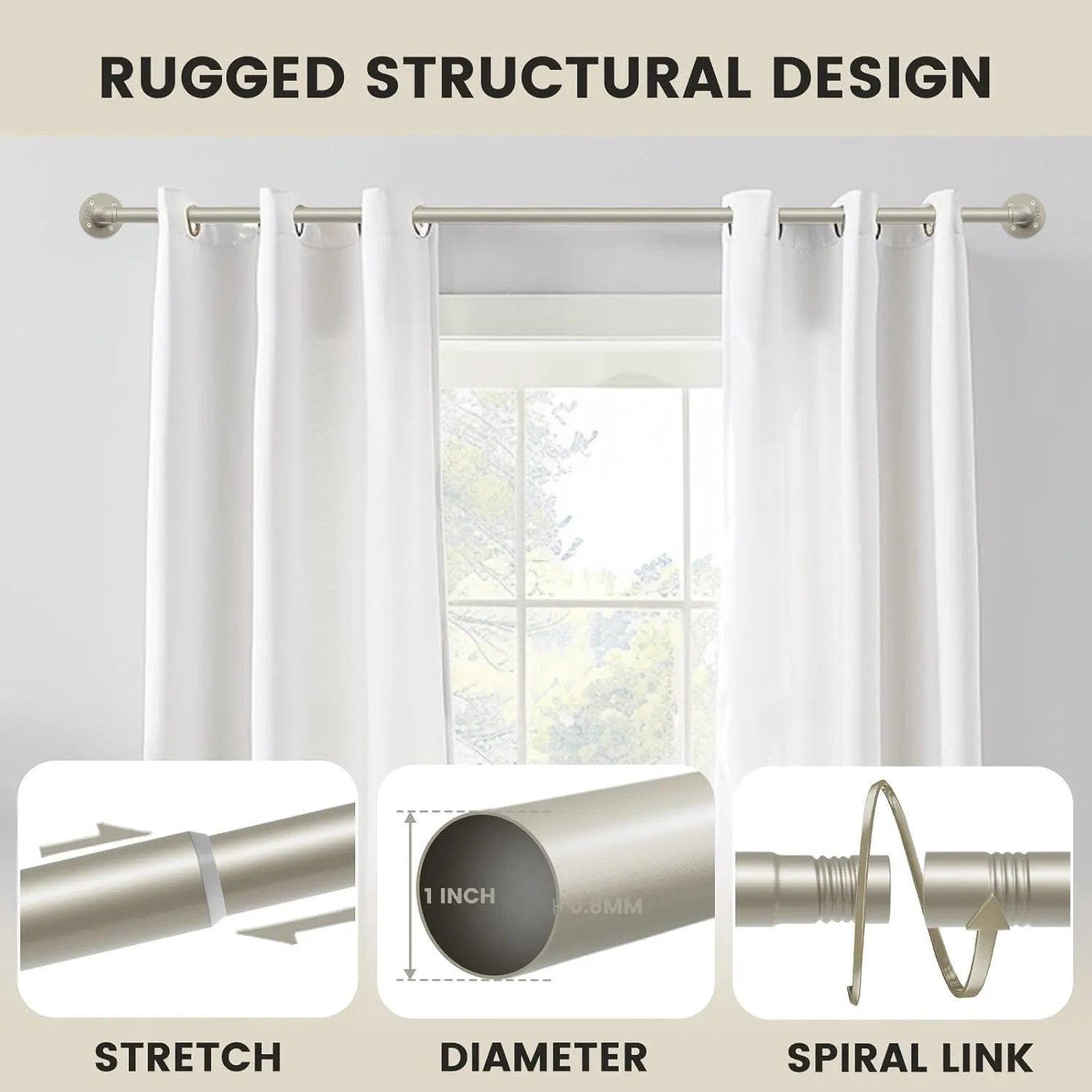 1 Inch Curtain Rods for Windows 72 to 144, Outdoor Industrial Adjustable Blackout Curtain Rod, Indoor Heavy Duty Wrap Around Drapery Pole, Nickel, 72-144"