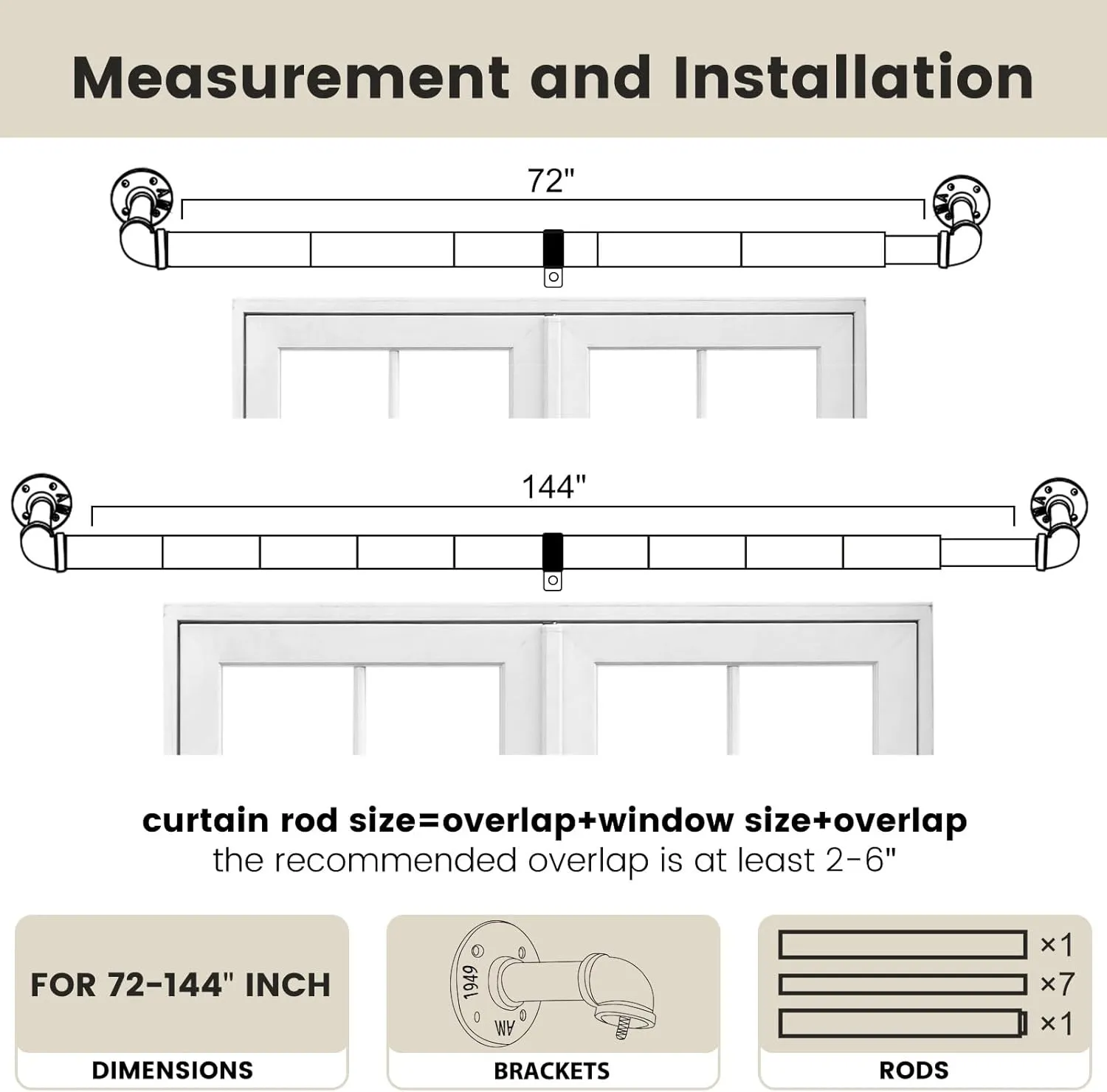 1 Inch Curtain Rods for Windows 72 to 144, Outdoor Industrial Adjustable Blackout Curtain Rod, Indoor Heavy Duty Wrap Around Drapery Pole, Nickel, 72-144"