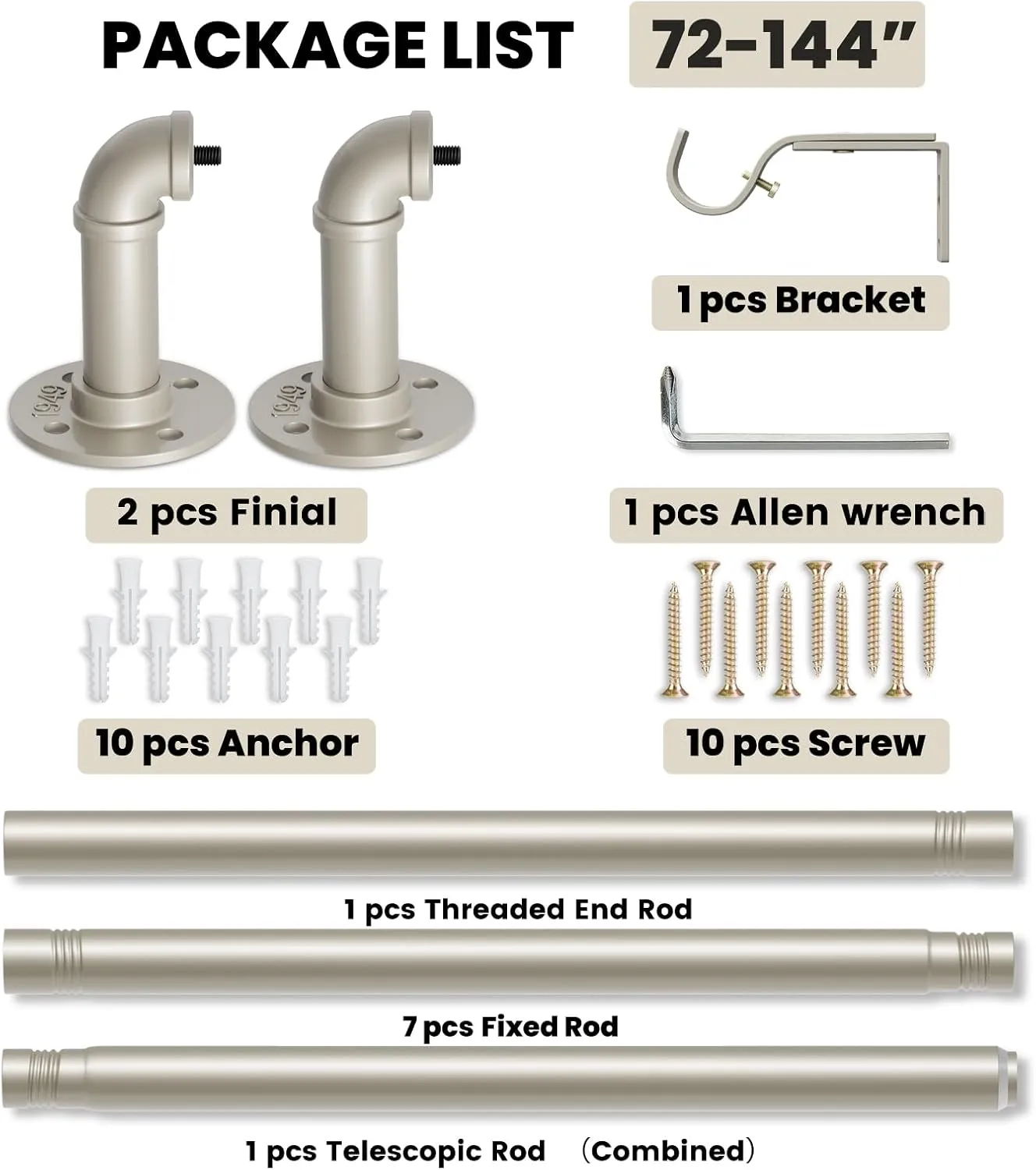 1 Inch Curtain Rods for Windows 72 to 144, Outdoor Industrial Adjustable Blackout Curtain Rod, Indoor Heavy Duty Wrap Around Drapery Pole, Nickel, 72-144"