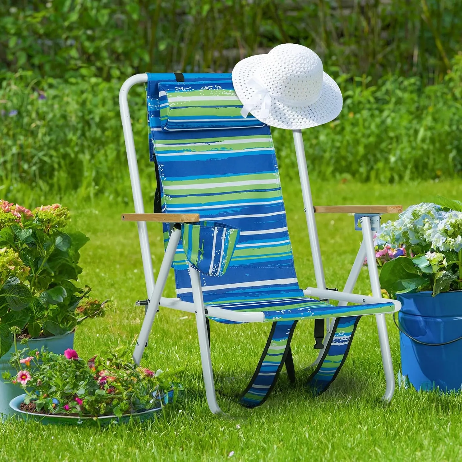1 Pack Outdoor Beach Portable Lawn Chair,Portable Lightweight Folding Chair for Adults,Folding Beach Chair,Portable Backpack Foldable Camping Chair,with Cup Holder,for Patio Pool Yard Garden (Blue)