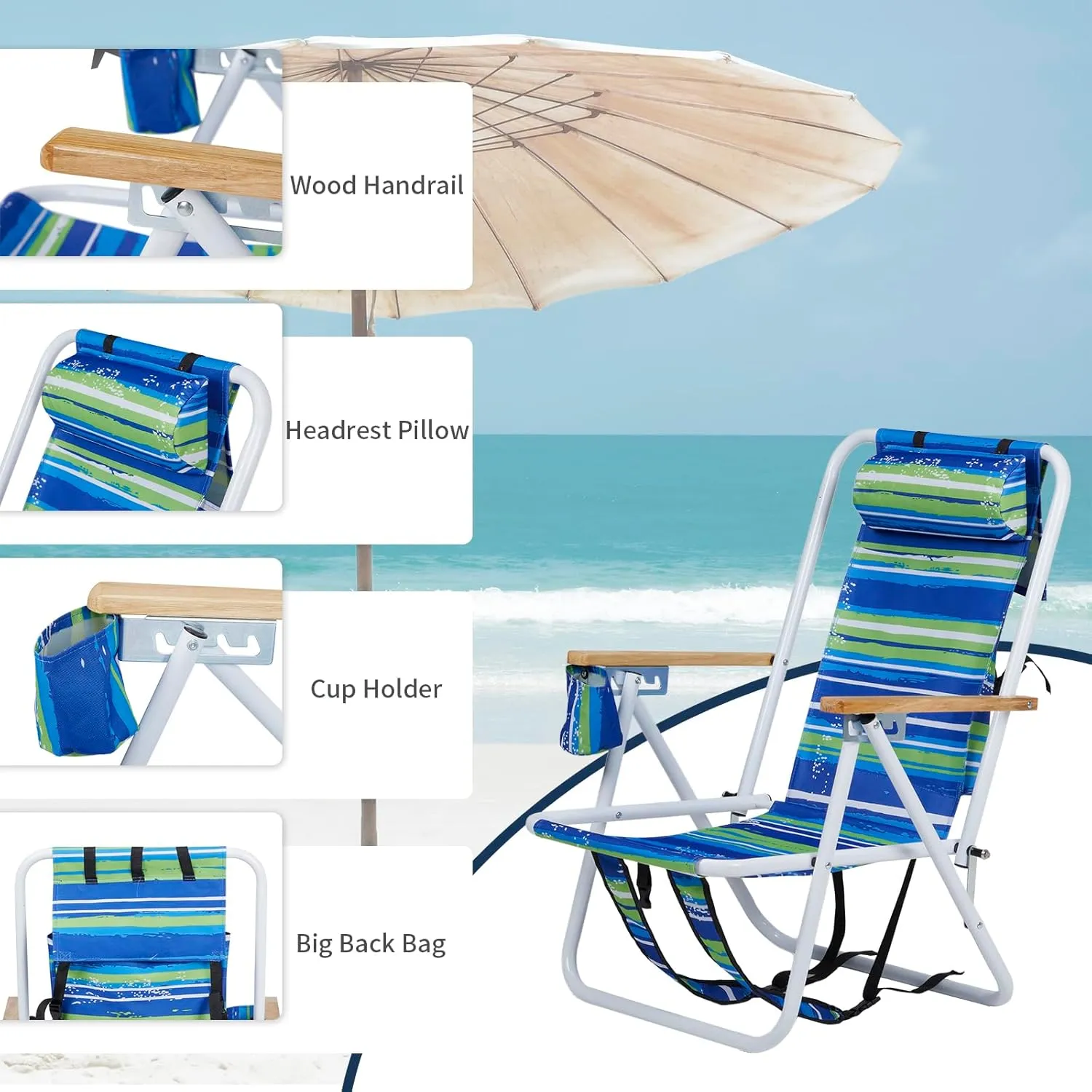 1 Pack Outdoor Beach Portable Lawn Chair,Portable Lightweight Folding Chair for Adults,Folding Beach Chair,Portable Backpack Foldable Camping Chair,with Cup Holder,for Patio Pool Yard Garden (Blue)
