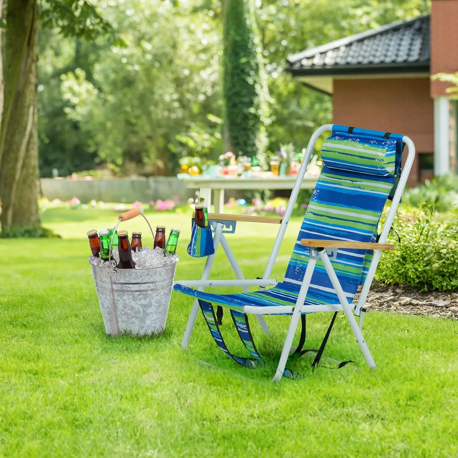 1 Pack Outdoor Beach Portable Lawn Chair,Portable Lightweight Folding Chair for Adults,Folding Beach Chair,Portable Backpack Foldable Camping Chair,with Cup Holder,for Patio Pool Yard Garden (Blue)