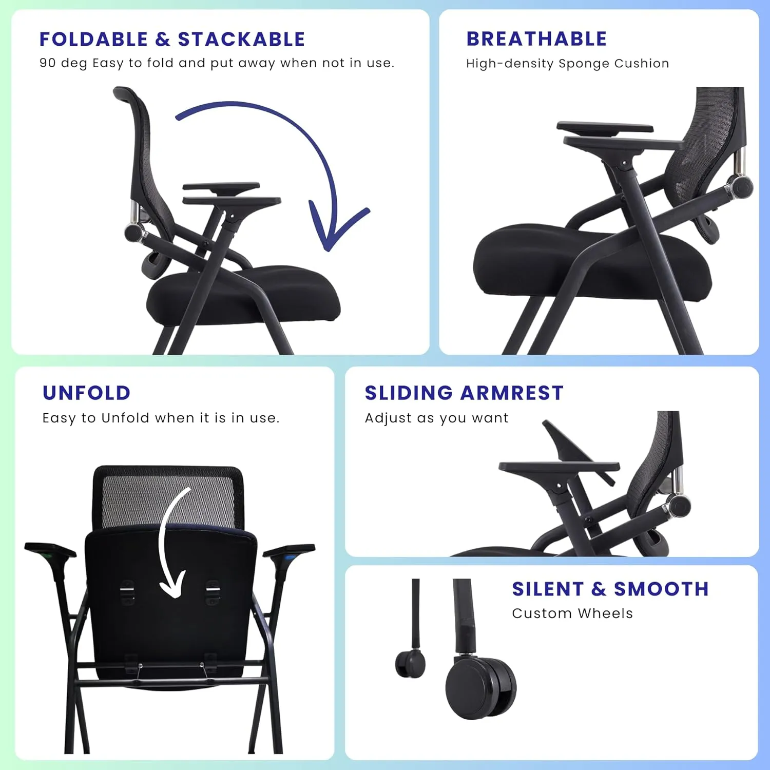 10 Pack Stackable & Foldable Conference Room Chairs with Lumbar Support, Armrest - Ergonomic Mesh Bouncing Back for Office Meeting, Conference, Reception and Training Room Chair