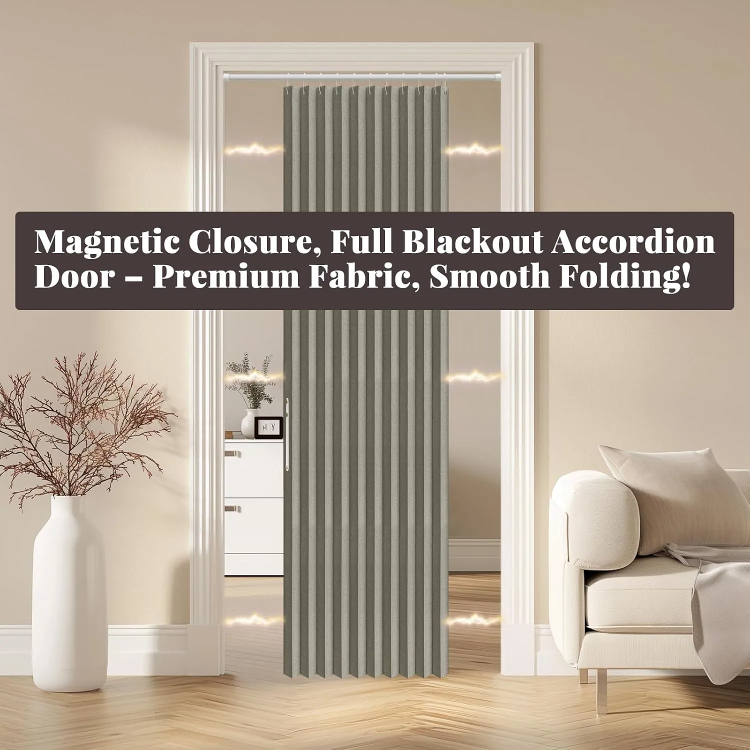 100% Blackout Magnetic Door Curtain Folding Door Accordion Door Closet Door Curtain Invisible Applicable Bedroom Room Living Room Doorway （Grey 42" W x 78" L 1 Panel