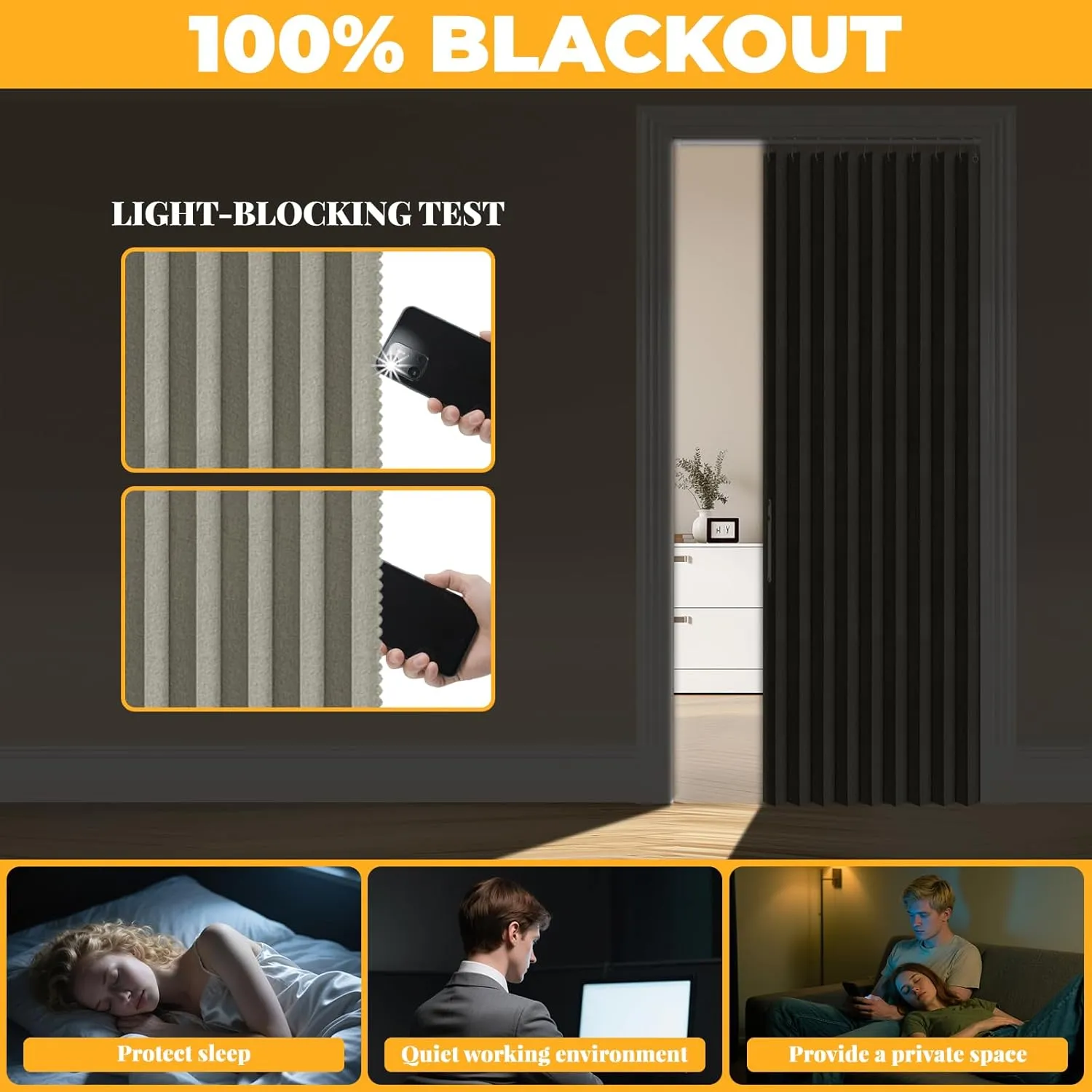 100% Blackout Magnetic Door Curtain Folding Door Accordion Door Closet Door Curtain Invisible Applicable Bedroom Room Living Room Doorway （Grey 42" W x 78" L 1 Panel