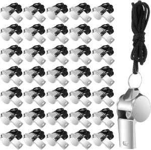 100 Pcs Stainless Steel Whistle with Lanyard Metal Referee Whistle Bulk for Coach Sports Whistle Loud Sound Whistle for Teachers, Coaches, Police, Referees