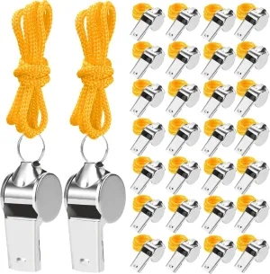 100 Pcs Stainless Steel Whistle with Lanyard, Sports Whistles for Adults, Loud Metal Whistle Bulk for Teachers, Coaches, Police, Referees
