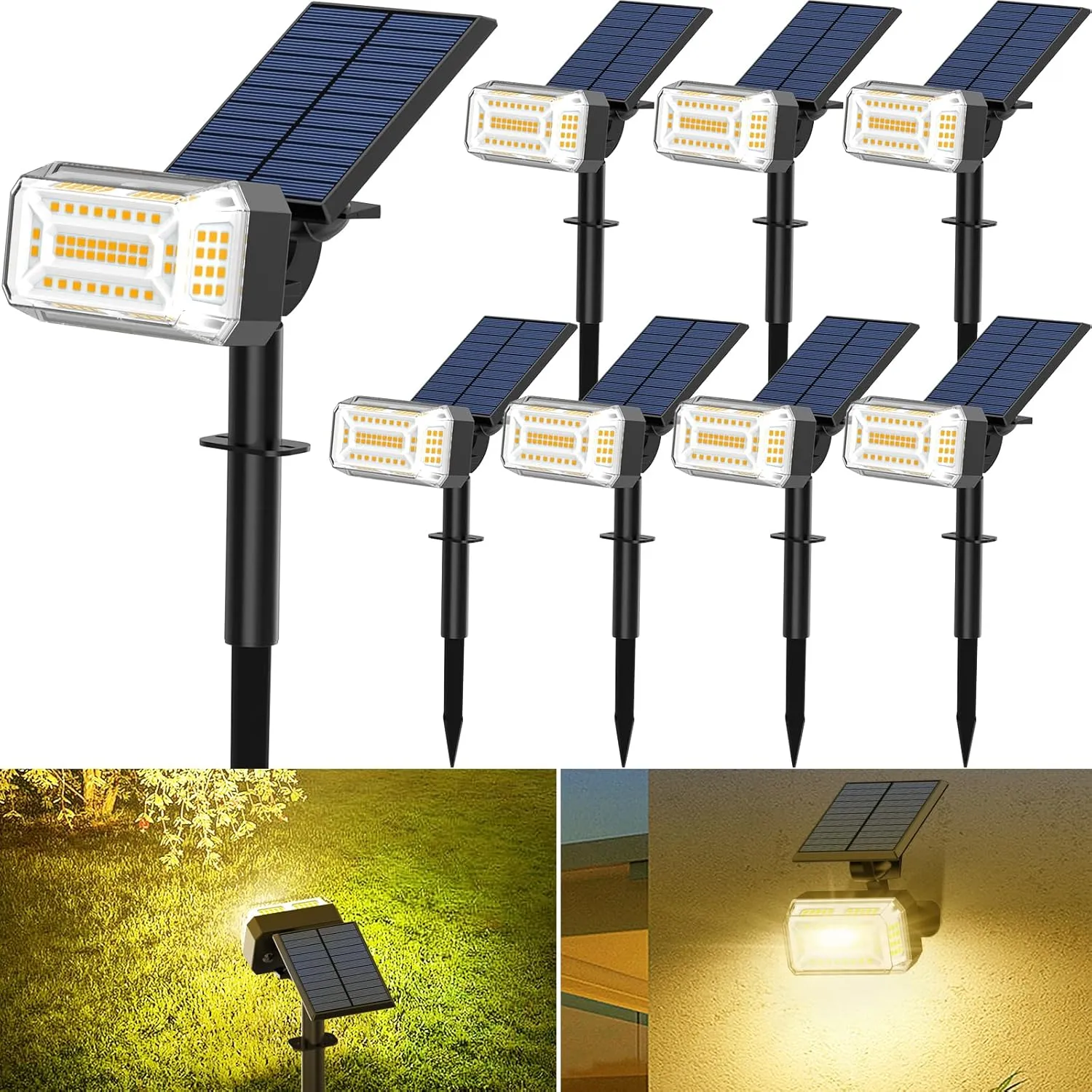102 LED Solar Spot Lights Outdoor Waterproof IP65, Adjustable Landscape Spotlights, [8 Pack/4 Modes] Auto On/Off Solar Powered Flood Lights for Outside Yard Garden Wall Pathway (Warm White)