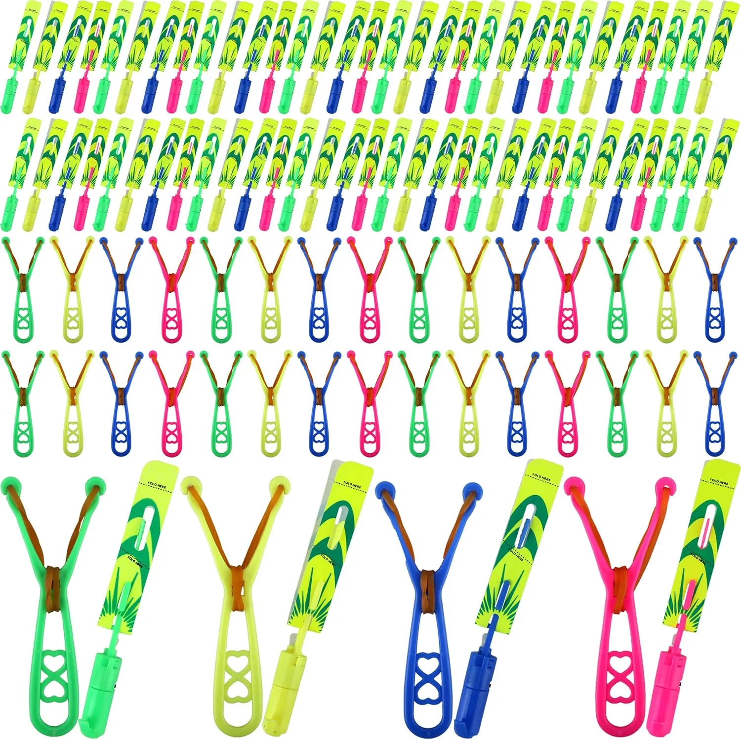 104 Pcs Flying Slingshot Toy with Led Lights and Whistle 52Pcs Led Arrow Helicopter and 52Pcs Launchers for Summer Outdoor Game Birthdays Gifts Glow in The Dark Party Supplies