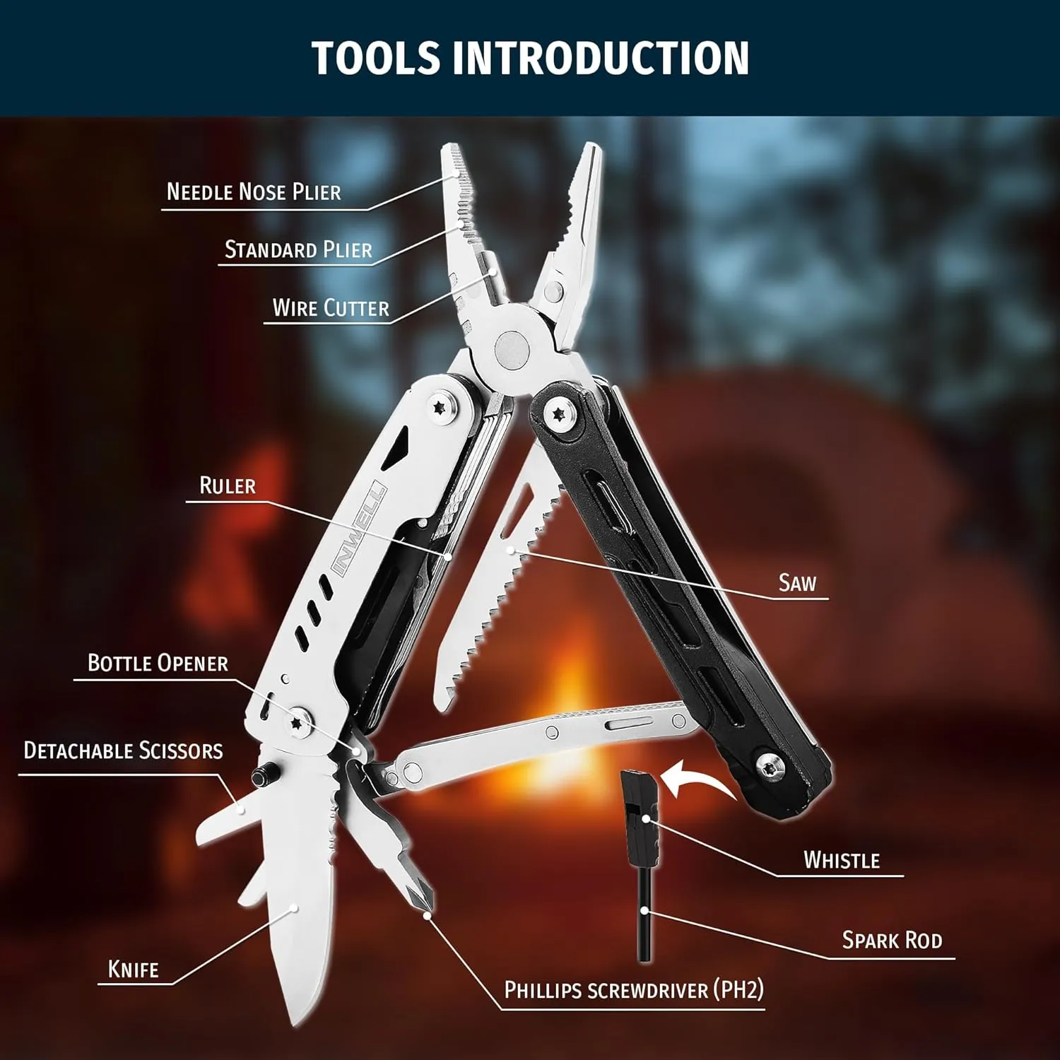 12-in-1 Multitool Pliers with Safety Lock, Fire Starter & Whistle, Stainless Steel Pocket Knife, Camping Multitool with Detachable Scissors for Outdoor Survival, EDC Gear
