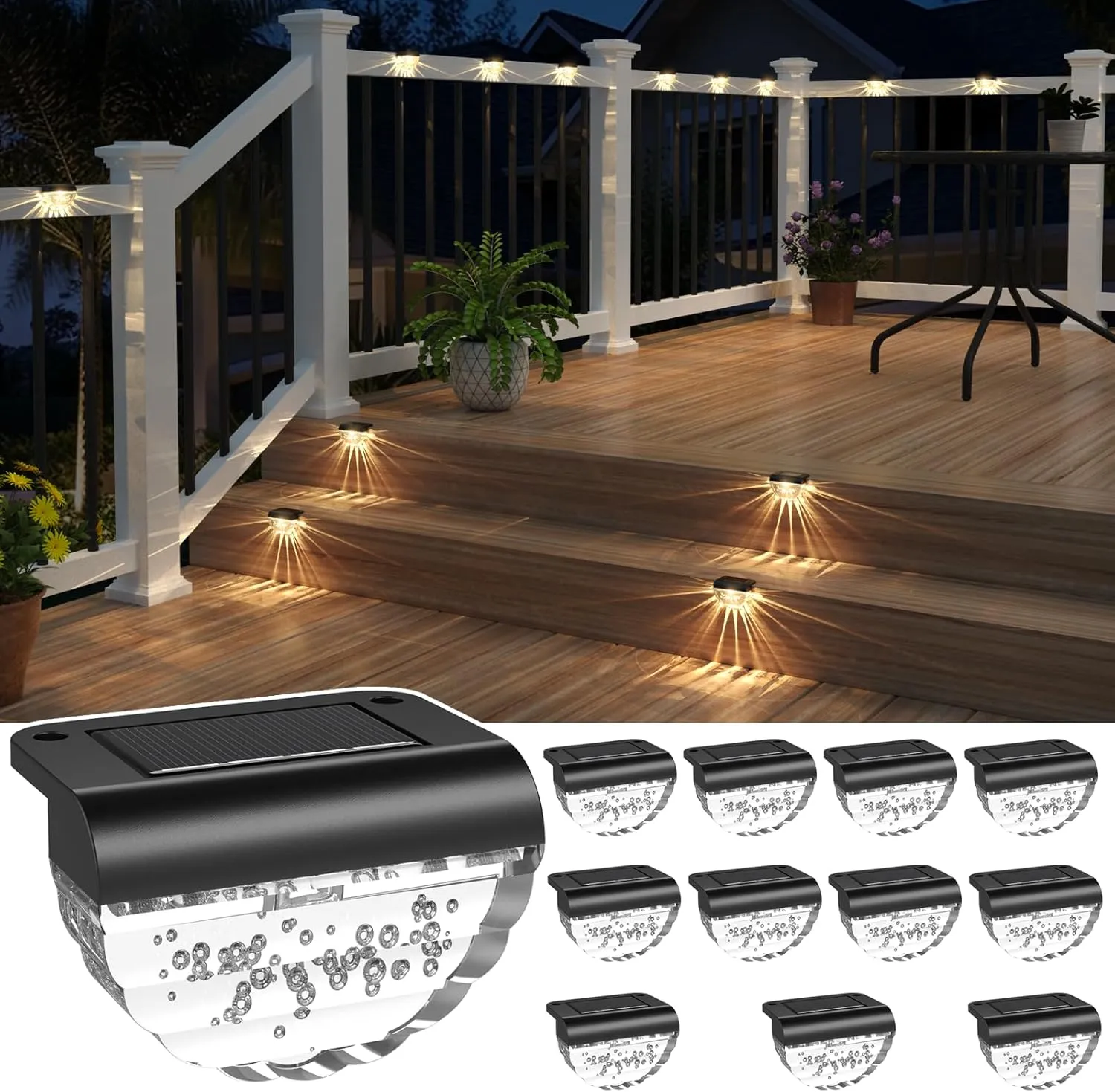 12 Pack Solar Deck Lights Outdoor, Solar Step Lights Waterproof for Outside, Yard, Patio, Garden, Pool, Railing, Stairs, Fence (Warm White)