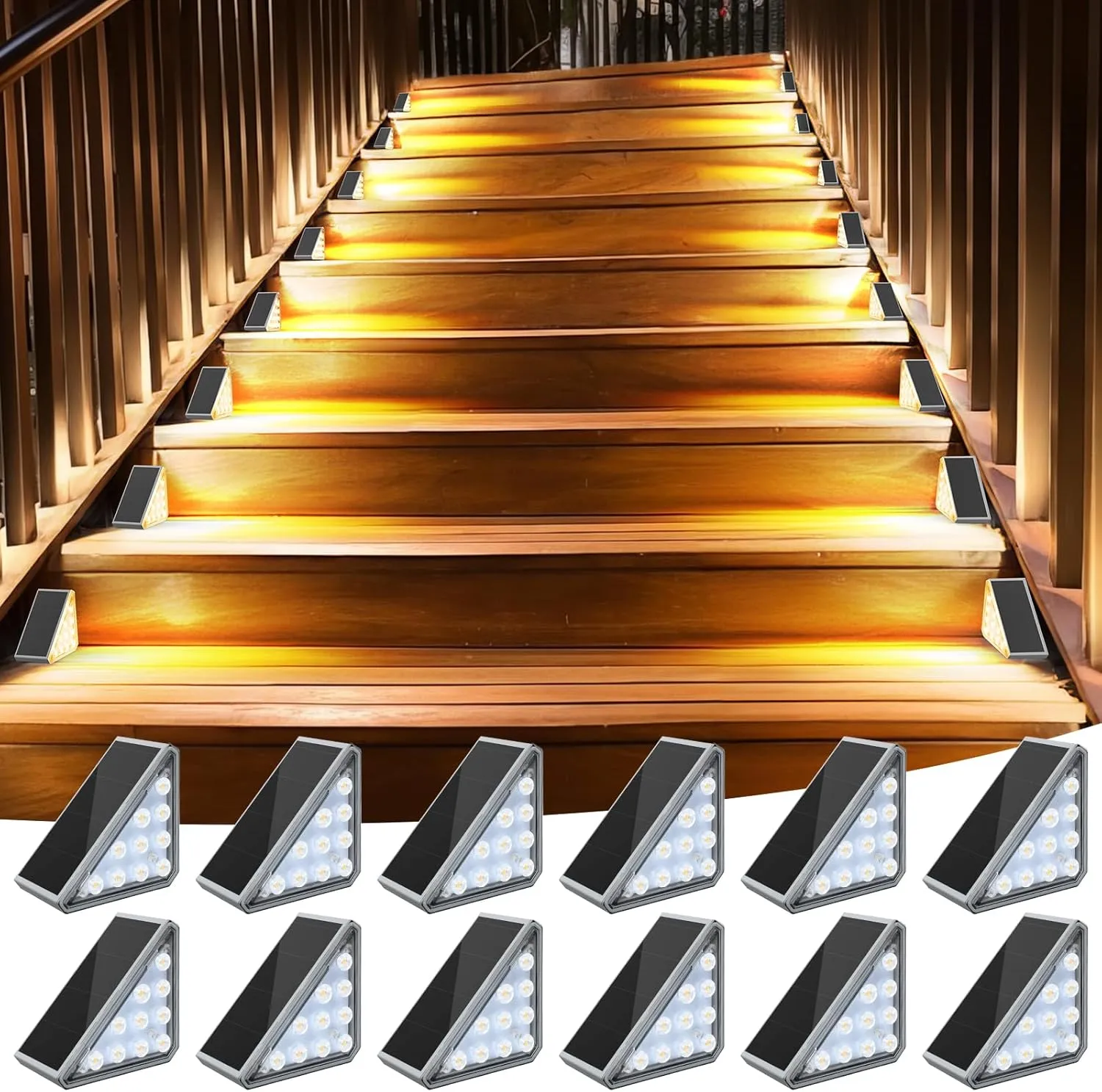 12 Pack Solar Stair Lights Outdoor Step Lights with Waterproof IP67 LED Solar Light for Outside Light Decor for Stair, Deck, Front Step, Front Porch, Patio, Garden and Backyard