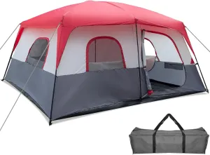 14 Person Large Camping Tent with 2 Rooms for Family, Waterproof Instant Cabin Tent Portable Family Tent Dome Tent Easy Setup for Camping Hiking Mountaineering, Red/White