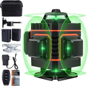 16 Lines Laser Level 360 Self Leveling, 4x360° Professional Green Cross Line Leveler Tool for Construction and Picture Hanging, with Cloth bag and 2 Battery Lightweight & Dependable