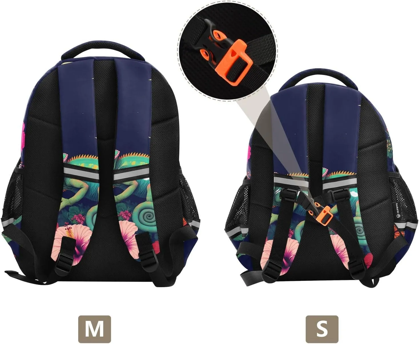 17In Kids Backpack for School Travel Hiking Colorful Chameleon in Floral Night Scene Kindergarten Elementary Backpacks with Reflective Stripe