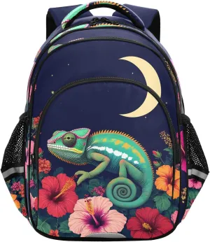 17In Kids Backpack for School Travel Hiking Colorful Chameleon in Floral Night Scene Kindergarten Elementary Backpacks with Reflective Stripe