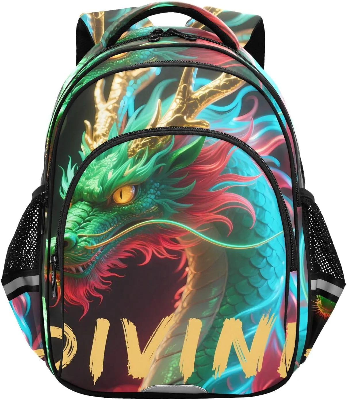 17In Kids Backpack for School Travel Hiking Neon Dragon Dark Kindergarten Elementary Backpacks with Reflective Stripe
