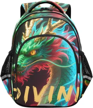 17In Kids Backpack for School Travel Hiking Neon Dragon Dark Kindergarten Elementary Backpacks with Reflective Stripe