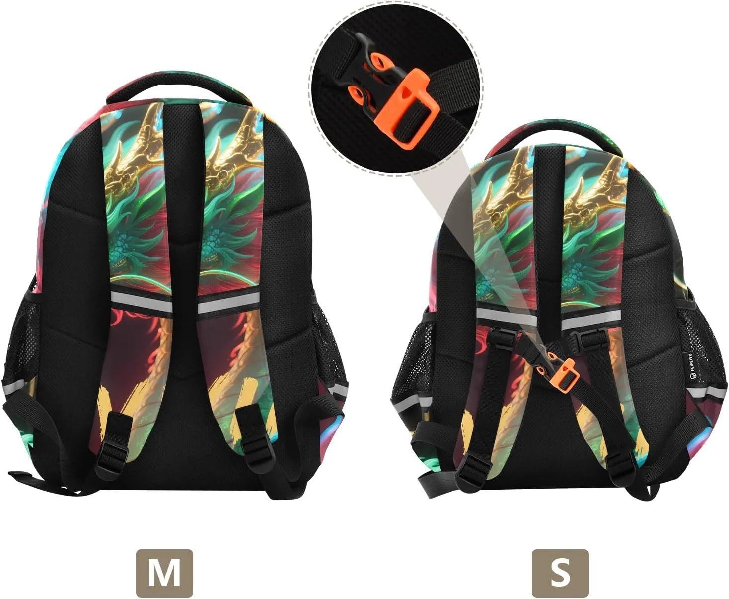 17In Kids Backpack for School Travel Hiking Neon Dragon Dark Kindergarten Elementary Backpacks with Reflective Stripe
