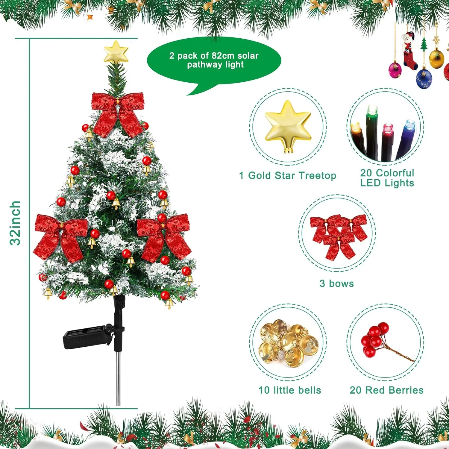 2 Pack 32 inch Solar Xmas Tree Light Outdoor Tree with 20 LED Lights Waterproof Christmas Pathway Light Solar Christmas Decorations for Yard Garden Lawn Walkway