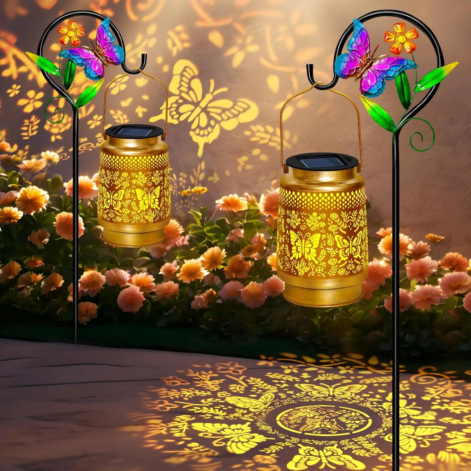 2 Pack Butterfly Solar Lanterns Outdoor Waterproof Hanging,Metal Solar Garden Lanterns for Yard Patio Pathway Lawn Front Porch,Birthday Gifts for Mom Woman Grandma
