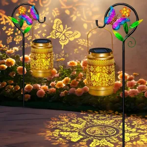 2 Pack Butterfly Solar Lanterns Outdoor Waterproof Hanging,Metal Solar Garden Lanterns for Yard Patio Pathway Lawn Front Porch,Birthday Gifts for Mom Woman Grandma