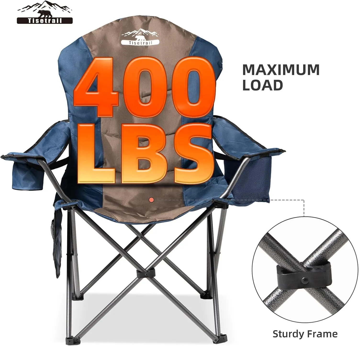 2 Pack Folding Camping Chairs Set of 2 for Adults High Back Padded Lawn Chairs Portable Outdoor Camp Chairs, 400lbs Capacity，Blue & Brown