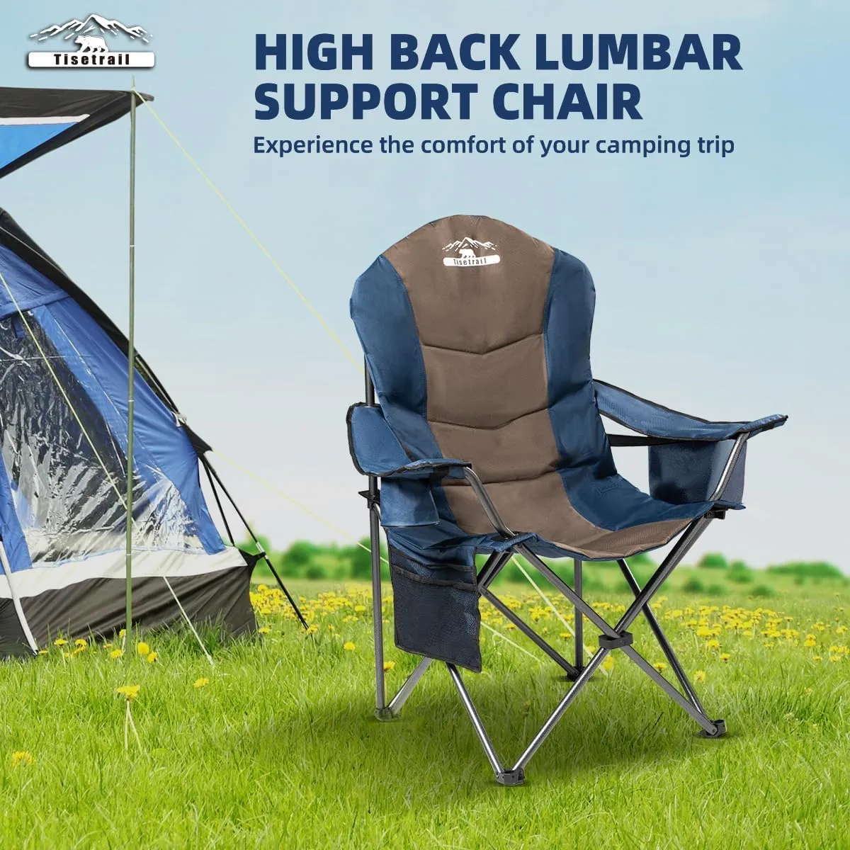 2 Pack Folding Camping Chairs Set of 2 for Adults High Back Padded Lawn Chairs Portable Outdoor Camp Chairs, 400lbs Capacity，Blue & Brown