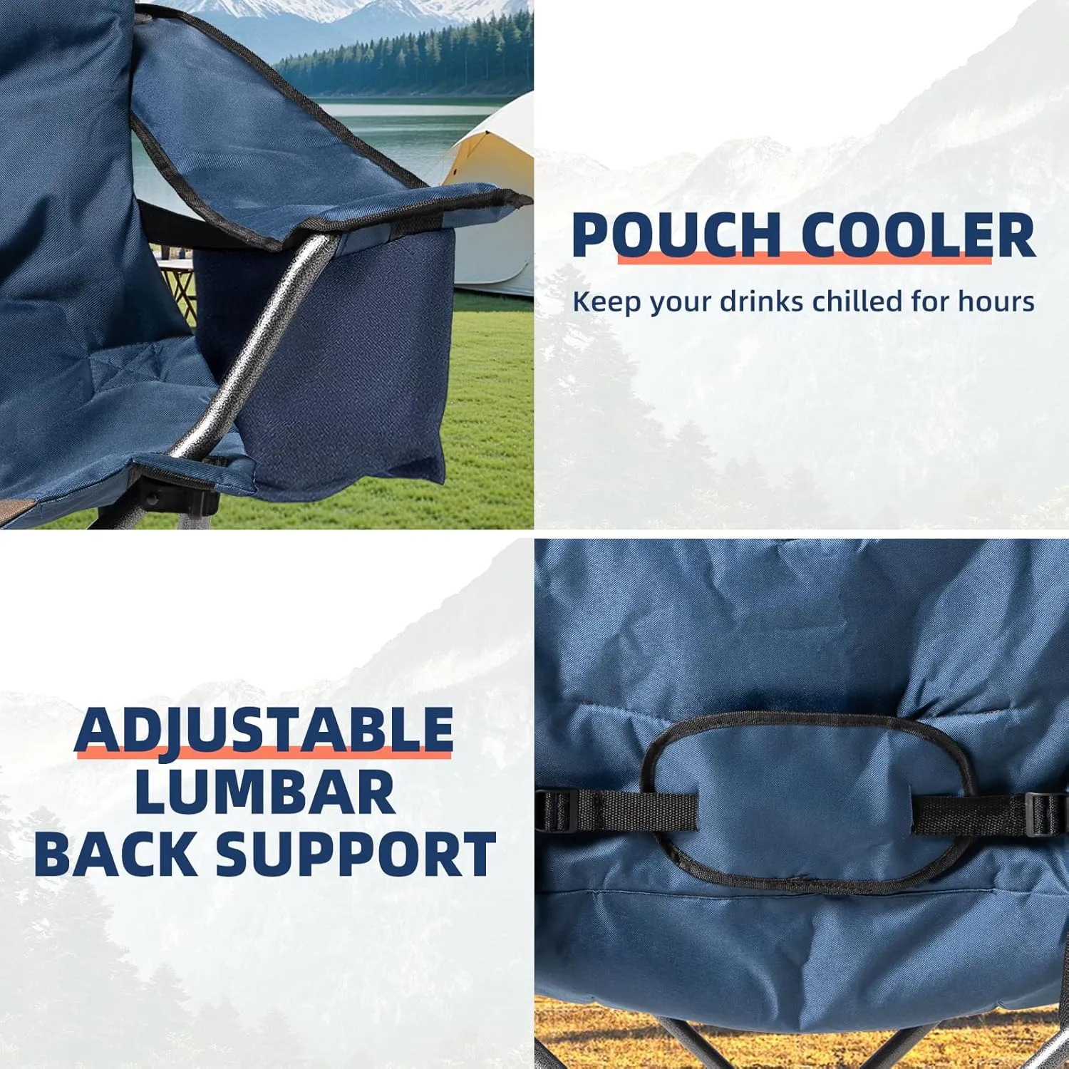 2 Pack Folding Camping Chairs Set of 2 for Adults High Back Padded Lawn Chairs Portable Outdoor Camp Chairs, 400lbs Capacity，Blue & Brown