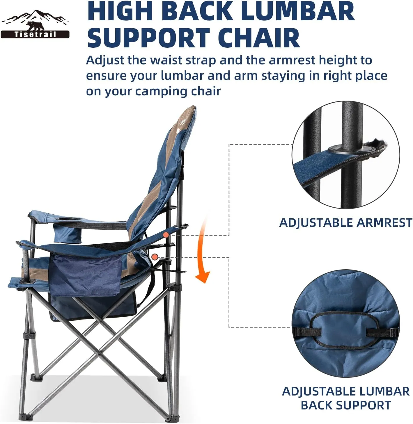 2 Pack Folding Camping Chairs Set of 2 for Adults High Back Padded Lawn Chairs Portable Outdoor Camp Chairs, 400lbs Capacity，Blue & Brown