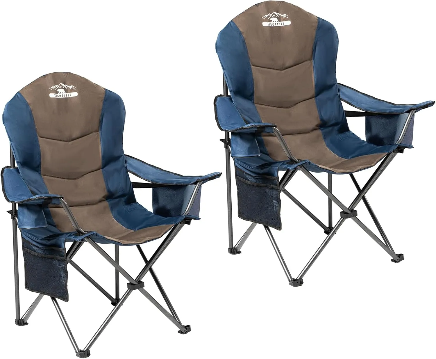 2 Pack Folding Camping Chairs Set of 2 for Adults High Back Padded Lawn Chairs Portable Outdoor Camp Chairs, 400lbs Capacity，Blue & Brown