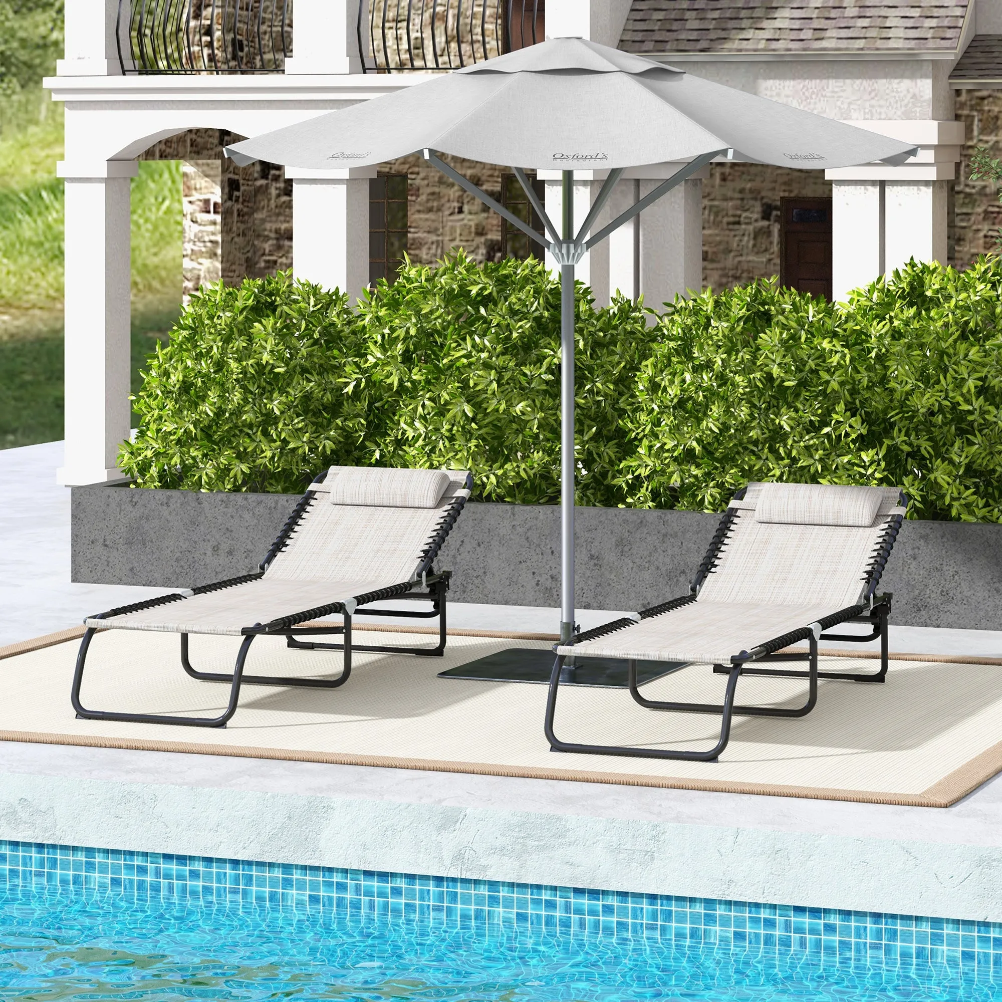 2-Pack Folding Chaise Lounge Pool Chairs, 4-Position Reclining, Bungee Seat with Pillow, Cream White