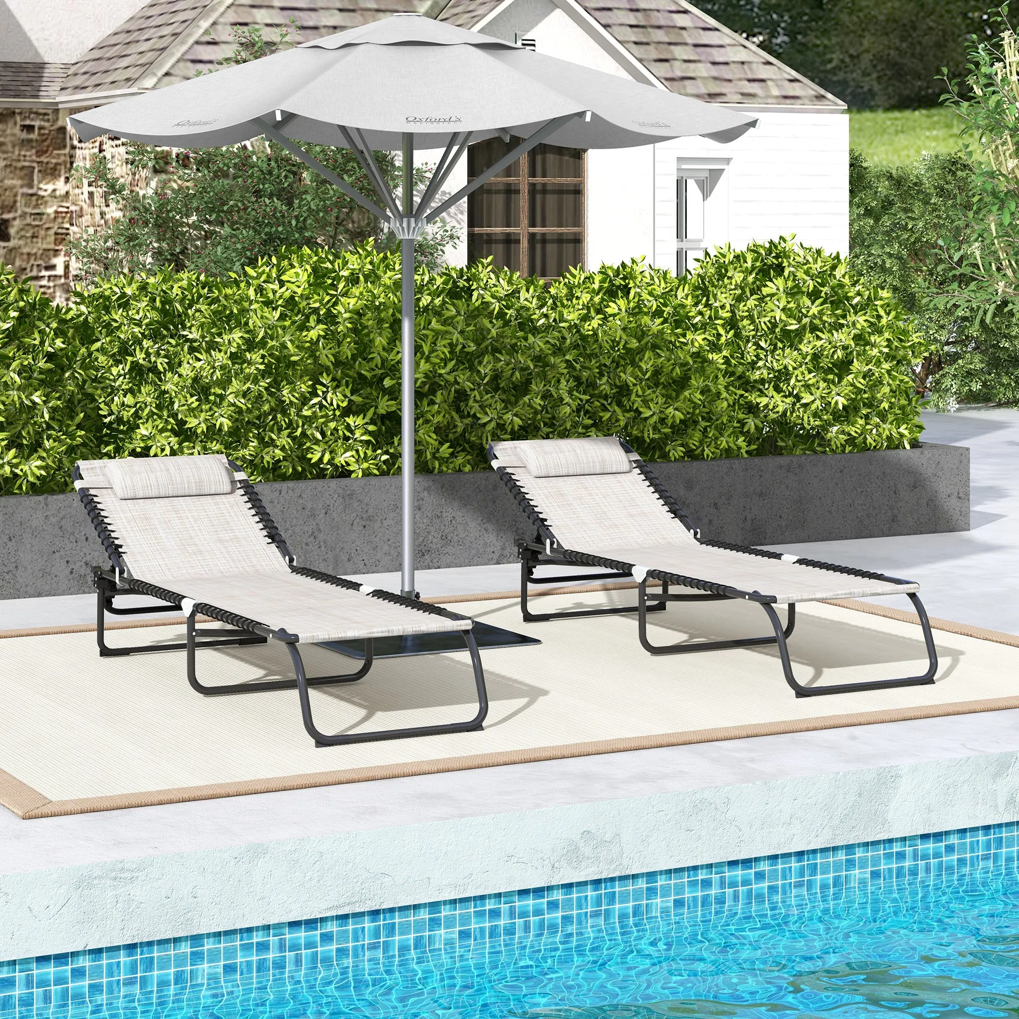 2-Pack Folding Chaise Lounge Pool Chairs, 4-Position Reclining, Bungee Seat with Pillow, Cream White