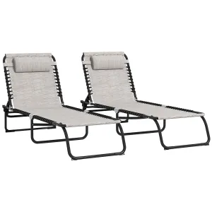 2-Pack Folding Chaise Lounge Pool Chairs, 4-Position Reclining, Bungee Seat with Pillow, Cream White
