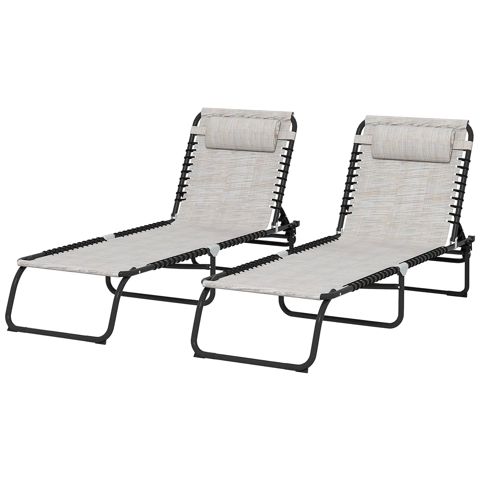 2-Pack Folding Chaise Lounge Pool Chairs, 4-Position Reclining, Bungee Seat with Pillow, Cream White