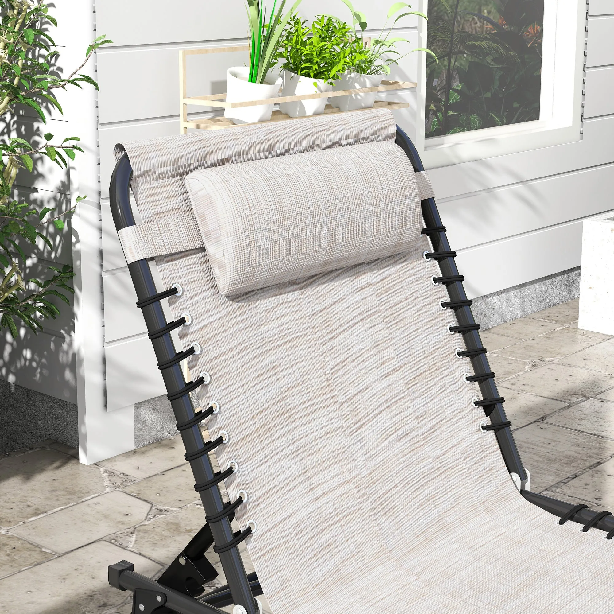 2-Pack Folding Chaise Lounge Pool Chairs, 4-Position Reclining, Bungee Seat with Pillow, Cream White