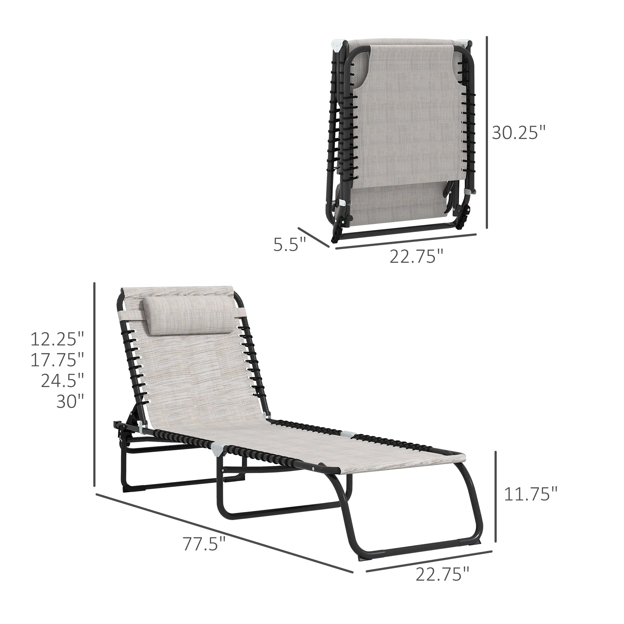 2-Pack Folding Chaise Lounge Pool Chairs, 4-Position Reclining, Bungee Seat with Pillow, Cream White