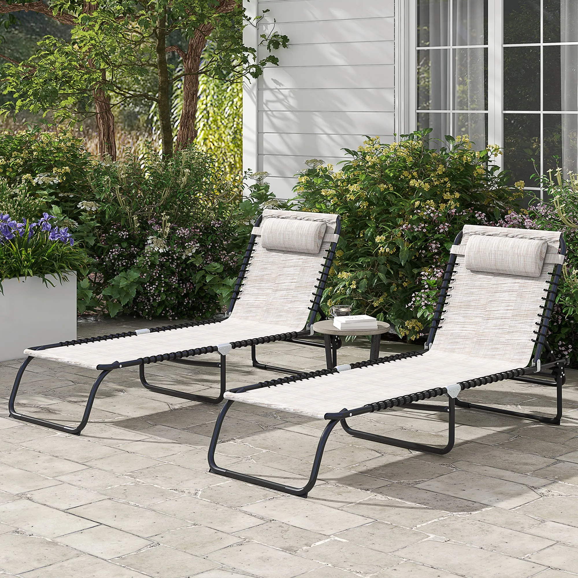 2-Pack Folding Chaise Lounge Pool Chairs, 4-Position Reclining, Bungee Seat with Pillow, Cream White