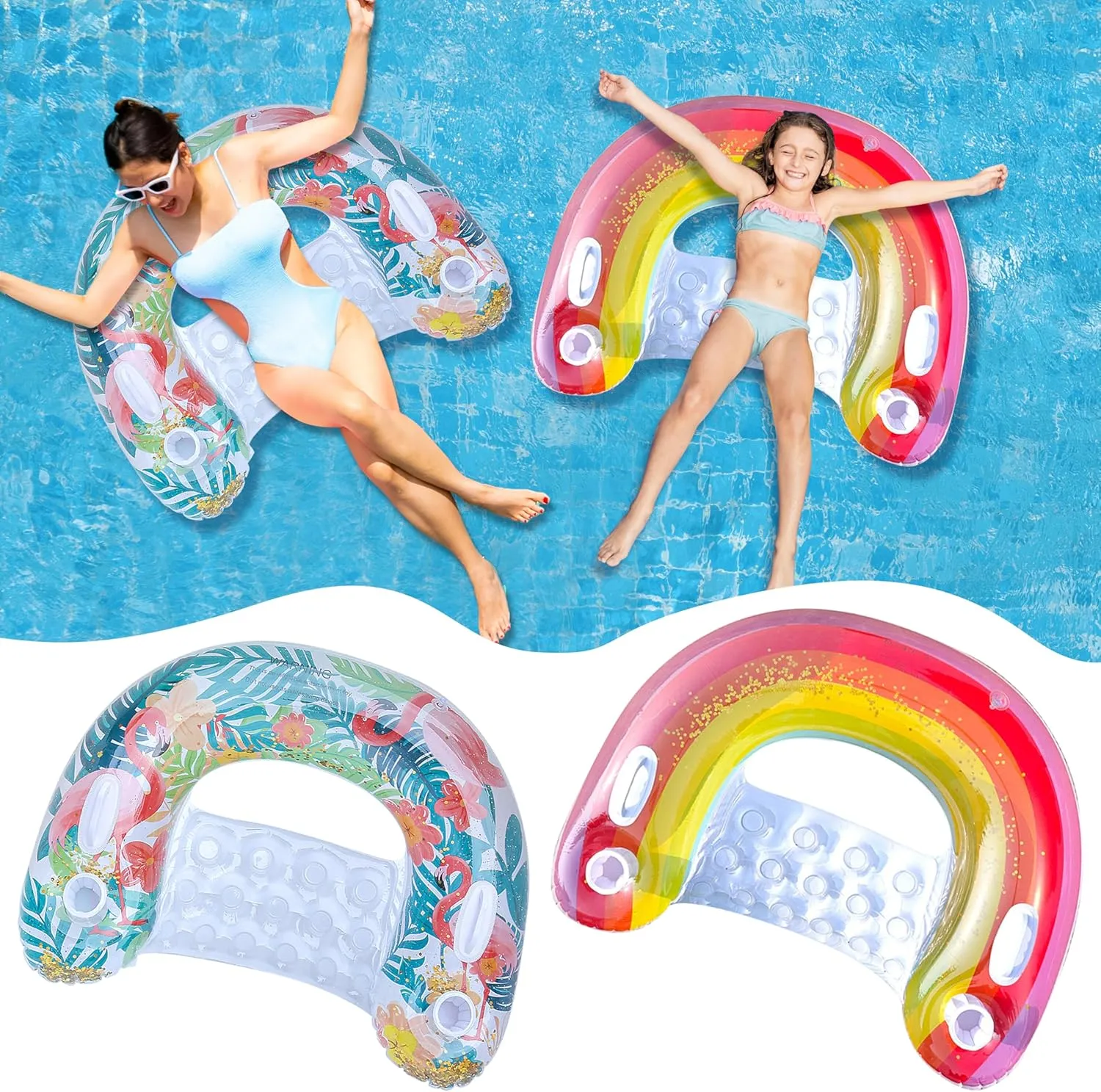 2 Pack Inflatable Pool Floats - Blow up Lounge Chair with Cup Holders in Glitter Flamingo & Rainbow Design for Adults Relaxing Swimming Pool Beach Lake Party Summer Water Fun