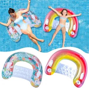 2 Pack Inflatable Pool Floats - Blow up Lounge Chair with Cup Holders in Glitter Flamingo & Rainbow Design for Adults Relaxing Swimming Pool Beach Lake Party Summer Water Fun