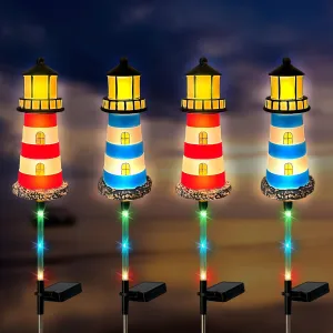 2 Pack Lighthouse Solar Lights,7 Light Color Changes,IP65 Waterproof Solar Pathway Lights for Garden,Lawn,Outdoor Lighthouse Decor (2)