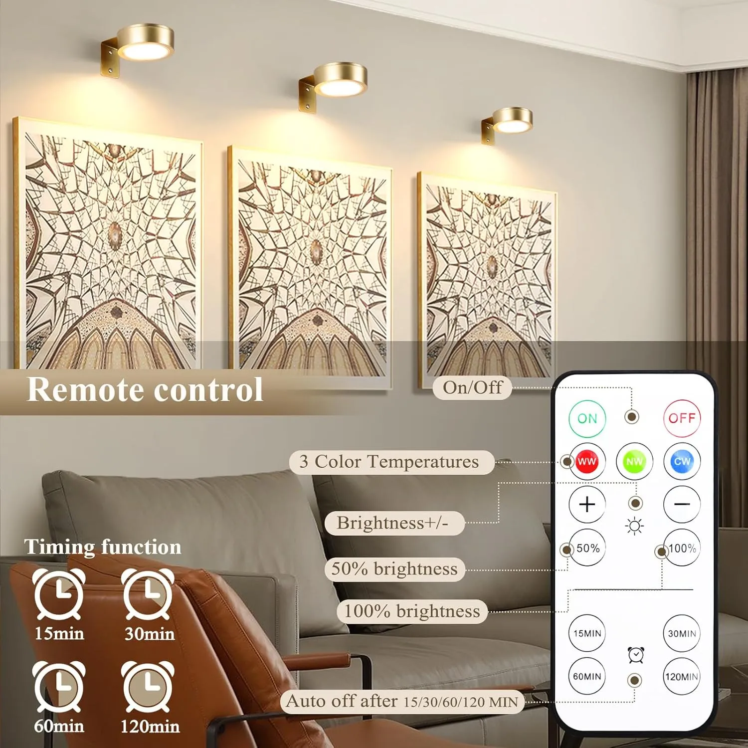 2-Pack Picture Light Battery Operated Painting Lights for Wall, Magnetic LED Display Art Light with Remote, Dimmable and Timer Portrait Light for Art Frame Artworking, Wall Decor Puck Light