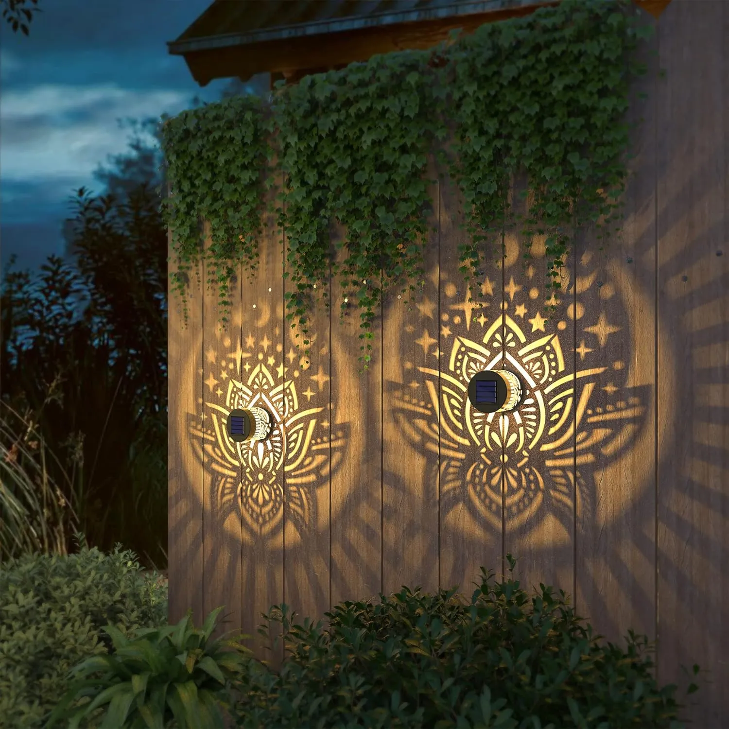 2 Pack Solar Fence Lights Metal Solar Powered Outdoor Wall Deck Lights Lotus Theme Waterproof Fence Light for Garden Post Patio Backyard Yard Decor (Lotus, 2 Pack)