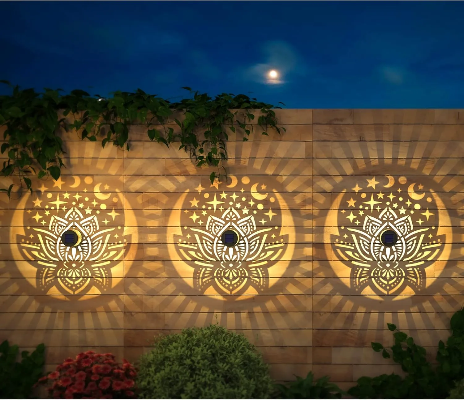 2 Pack Solar Fence Lights Metal Solar Powered Outdoor Wall Deck Lights Lotus Theme Waterproof Fence Light for Garden Post Patio Backyard Yard Decor (Lotus, 2 Pack)