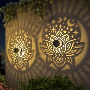2 Pack Solar Fence Lights Metal Solar Powered Outdoor Wall Deck Lights Lotus Theme Waterproof Fence Light for Garden Post Patio Backyard Yard Decor (Lotus, 2 Pack)