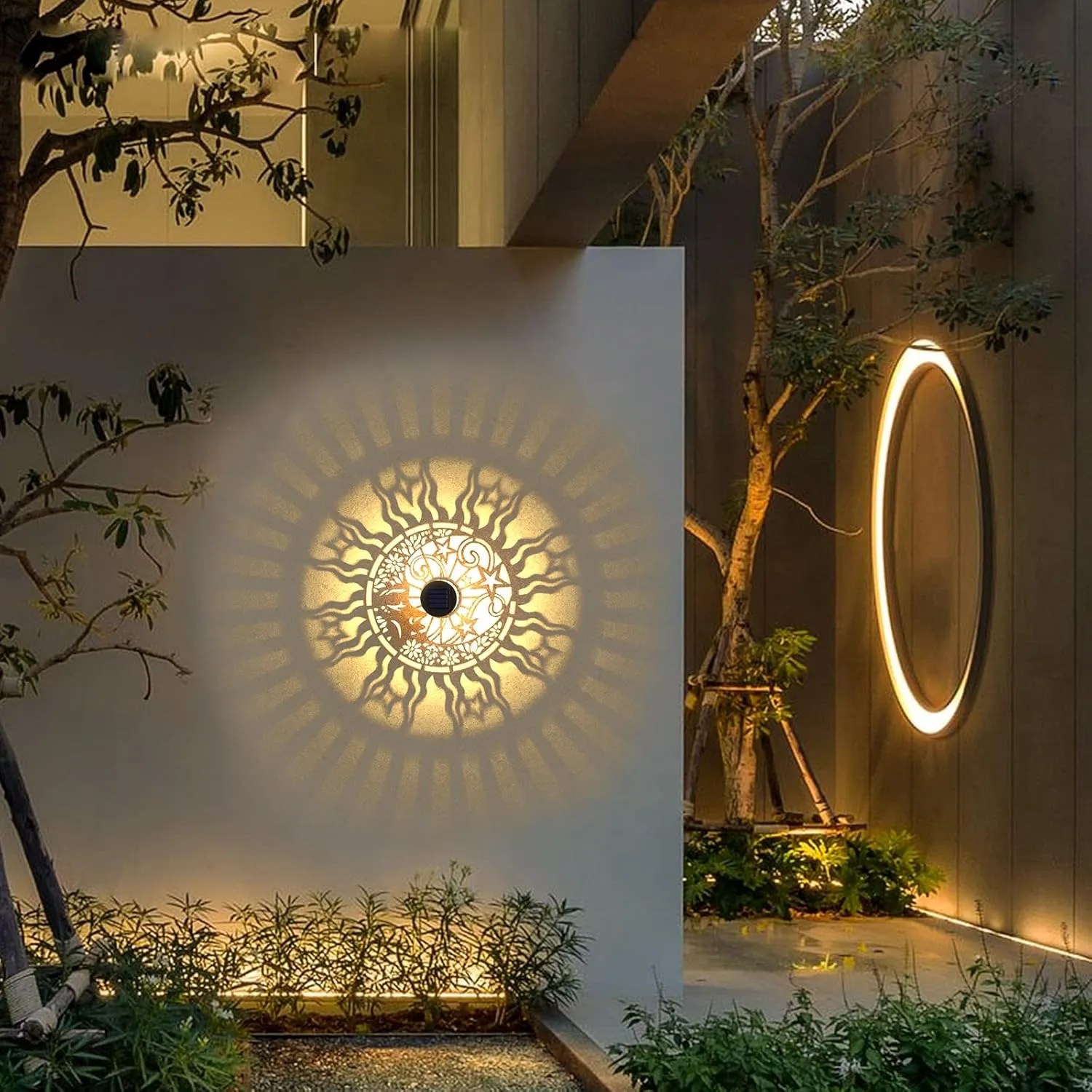 2 Pack Solar Fence Lights Metal Solar Powered Outdoor Wall Deck Lights Sun Moon Theme Waterproof Fence Light for Garden Post Patio Backyard Yard Decor (Face, 2 Pack)