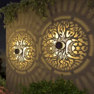 2 Pack Solar Fence Lights Metal Solar Powered Outdoor Wall Deck Step Lights Tree Theme Waterproof Fence Light for Garden Post Patio Backyard Yard Decor (Tree, 2 Pack)