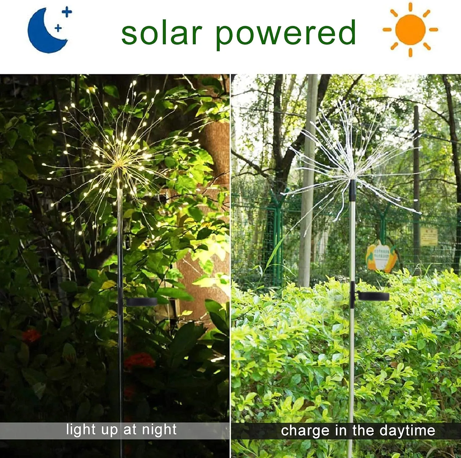 2 Pack Solar Garden Lights, 120 LED Solar Firework Lights Outdoor, Decorative Stake String Lights for Walkway Backyard Pathway Patio Christmas Wedding Party (2, Warm White)