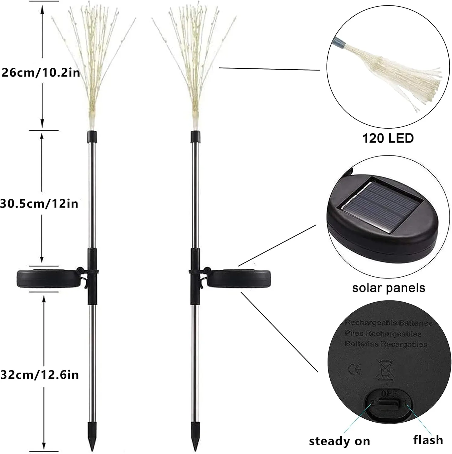 2 Pack Solar Garden Lights, 120 LED Solar Firework Lights Outdoor, Decorative Stake String Lights for Walkway Backyard Pathway Patio Christmas Wedding Party (2, Warm White)
