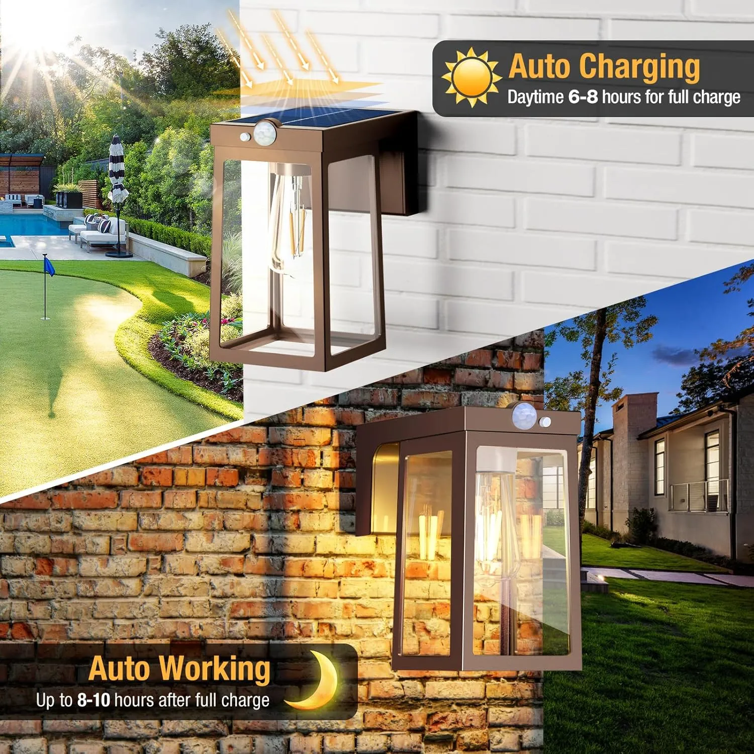 [2 Pack] Solar Porch Lights Outdoor Motion Sensor, Solar Wall Lights with 2 Modes & Waterproof, Dusk to Dawn LED Outdoor Solar Lights for House, Exterior Front Porch Patio Fence Security Lamp, Brown